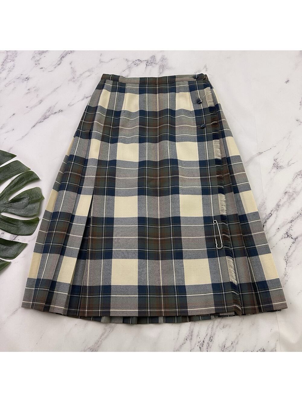 AL Jean Womens Vintage 90s Plaid Pleated Kilt Skirt Size 12 M Cream Blue Wool
